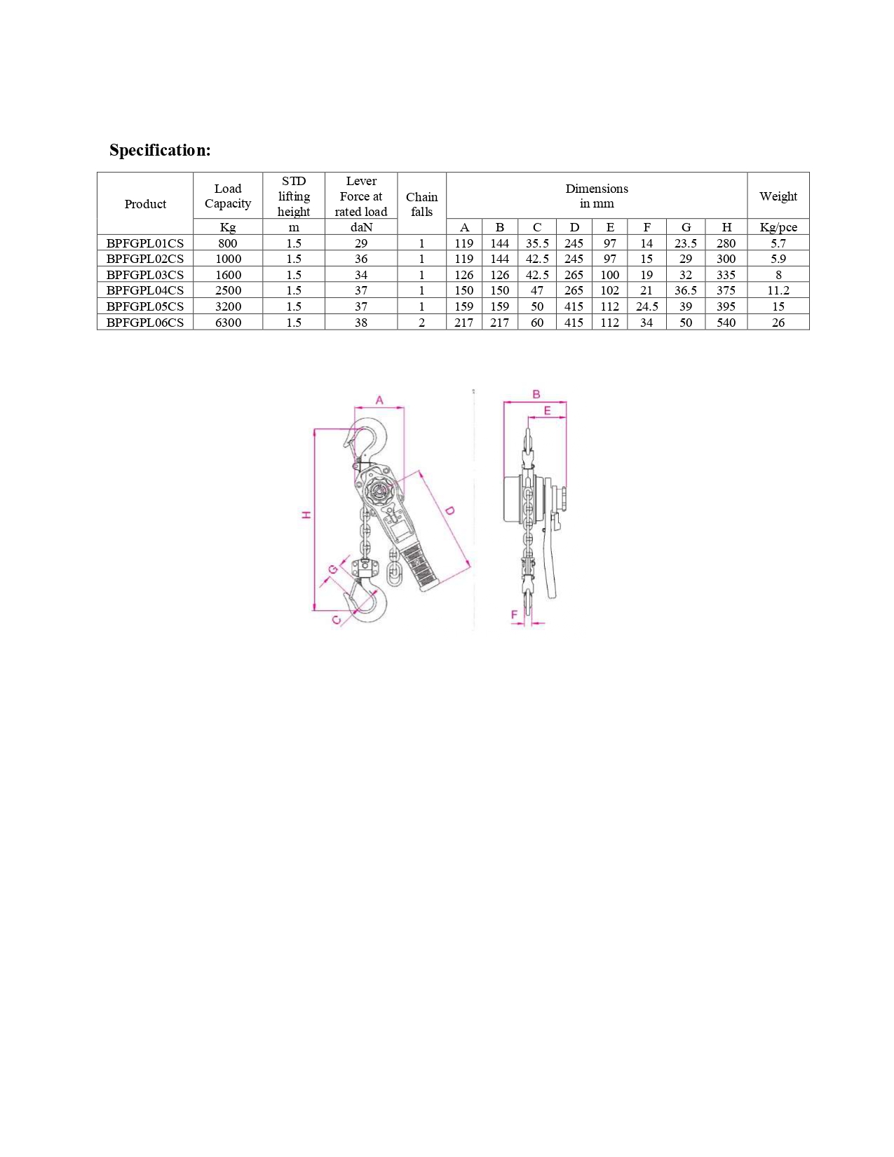 lever hoist specification